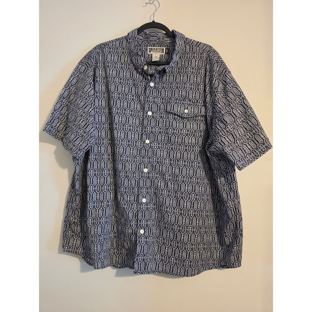 Duluth Trading Co Shirt Mens 2XL Blue Cotton Stretch Geometric Relaxed Untucked